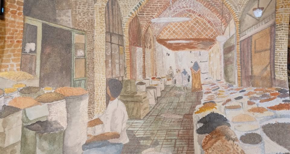 Watercolour of a vaulted brick bazaar arcade with sacks of spices and grain