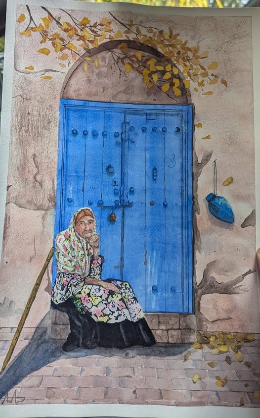 Watercolour of a woman seated on a step beside a studded blue door, yellow leaves overhead