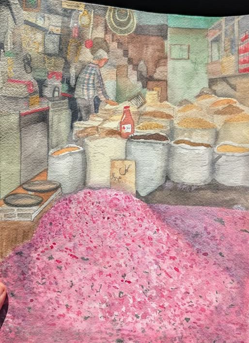 Watercolour of a spice shop with a mound of dried rose petals in the foreground